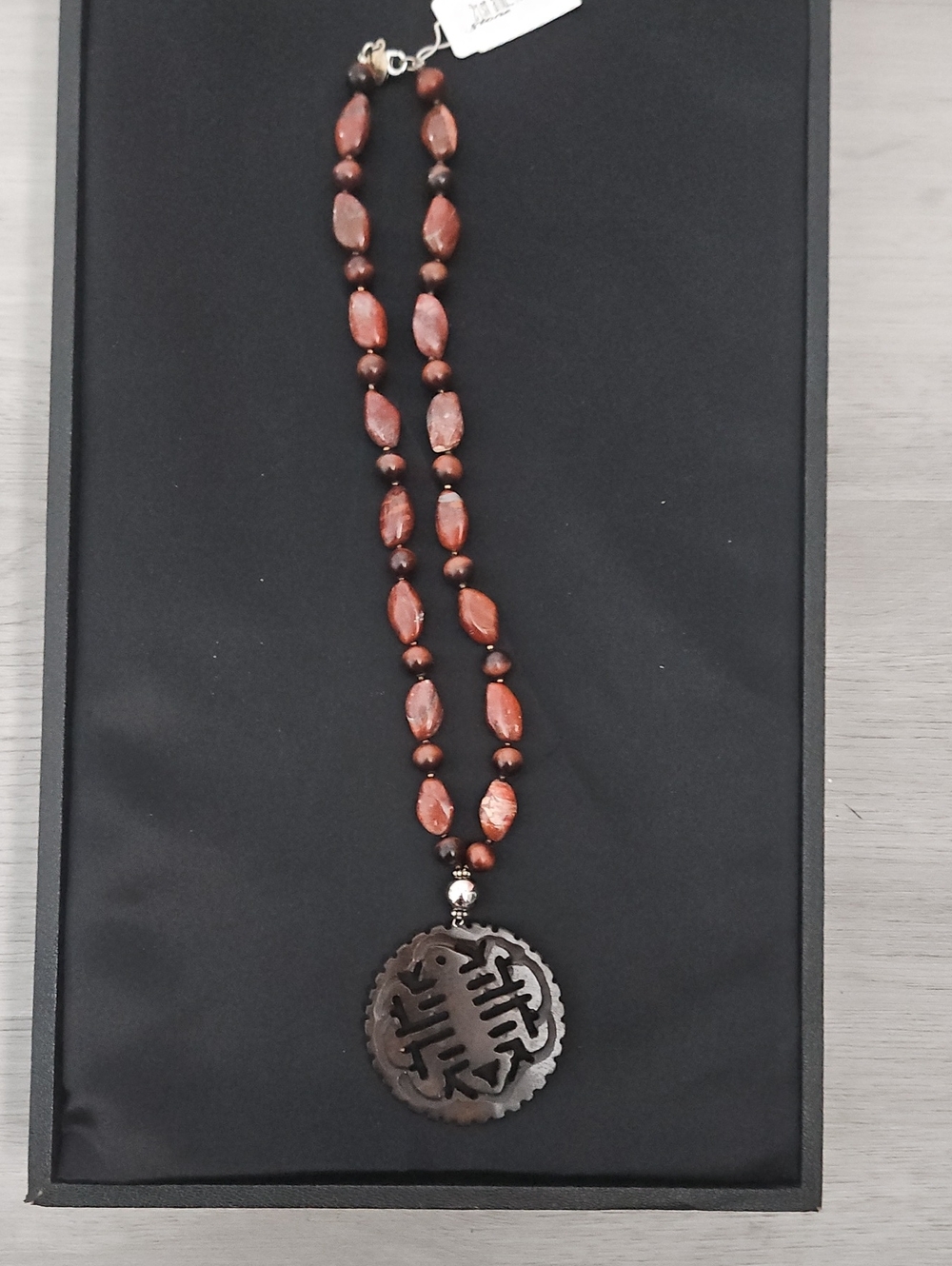 Sterling Silver Carnelian Agate Beaded Necklace with Carved Round Stone Pendant